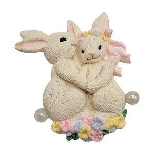 Vintage Rabbit Couple Pin Brooch With Floral Details & Pearl Tails Bunny Easter